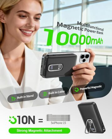 Power Bank MagSafe 10000mAh з USB-C кабелем, 22.5W, бездротова зарядка для iPhone 17/16/15/14/13/12 Max/Pro/Plus (Сірий)