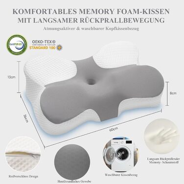 Подушка для шиї Z-hom, подушка для голови з Memory Foam, ергономічна подушка для шиї, подушка для тих, хто спить на боці, на спині та животі, ергономічна подушка для сну на боці 60 x 36 x 13/8 см