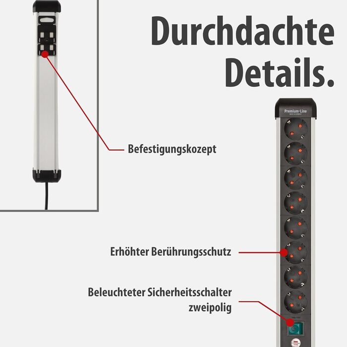 Мережевий фільтр Brennenstuhl Premium-Alu-Line на 8 розеток, 3м, алюмінієвий корпус з вимикачем, Made in Germany
