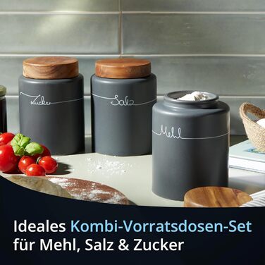 Набір контейнерів для зберігання KHG для кухні антрацитово-сірого кольору з дерев'яними кришками, контейнери для продуктів з кераміки, з маркуванням, набір органайзерів для кухні, без пластику та світлонепроникні (набір для борошна, солі, цукру)