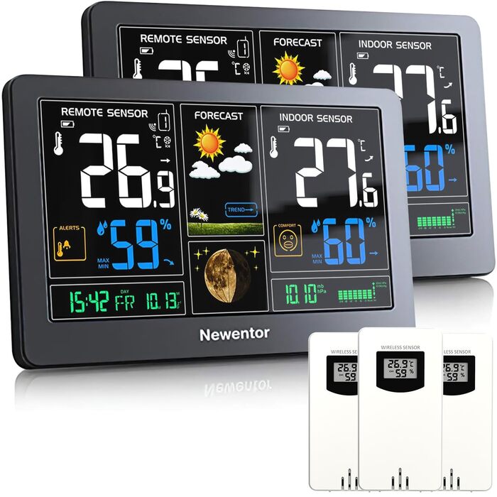 Newentor Weather Station Radio with Outdoor Sensor - Radio Weather Station with Weather Forecast, Temperature Warning, DCF Radio Clock - Battery and Mains Powered, Black