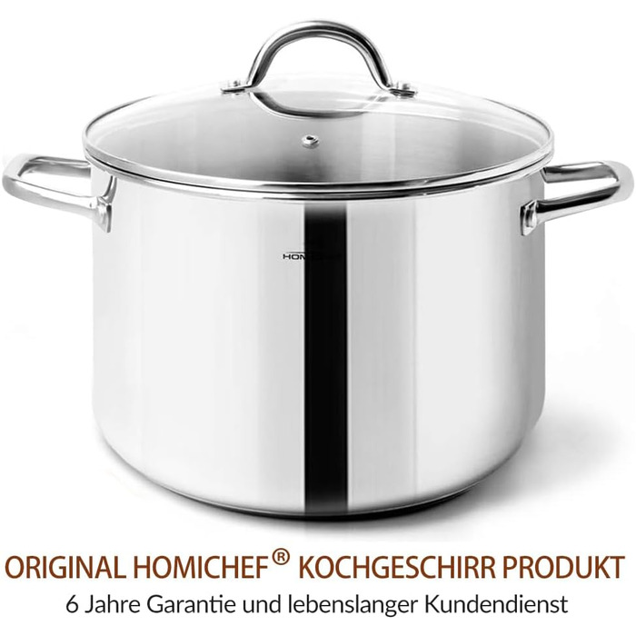 HOMICHEF Суповий каструля 9,5 л з кришкою, нікель-вільна нержавіюча сталь, індукційна, зручні ручки, полірована, срібляста, преміум-якість