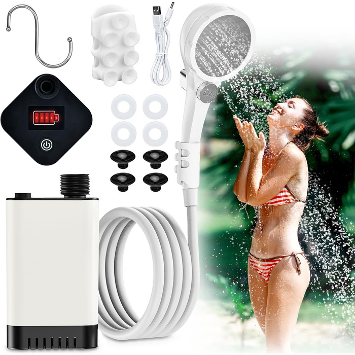 Portable Camping Shower with Battery 6000mAh Rechargeable, Camping Shower with Pump, Outdoor Shower with Adjustable Water Pressure for Camping, Hiking, Pet, Mobile Shower, RV Shower