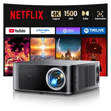 Смарт-проектор Toptro 4K Home Cinema, 1500 ANSI люмен, Full HD 1080p, Netflix, Dolby Audio, двосторонній Bluetooth, WiFi, AI-автофокус та корекція трапеції, для дому та вулиці, чорний