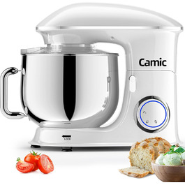Stand Mixer Dough Mixer Camic 1500W 8L Stand Mixer Whisking Device Multifunction Mixer Quiet, Powerful, and Professional, 6 Speeds with Pulse, Stainless Steel Bowl (White)