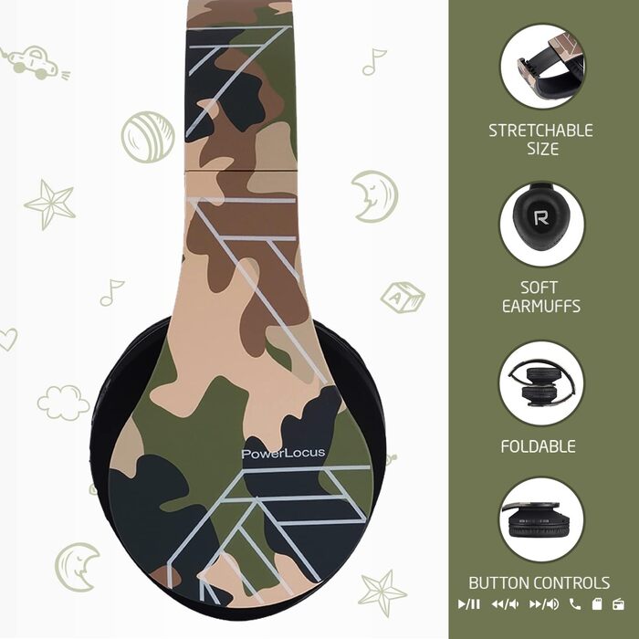 Дитячі навушники PowerLocus Bluetooth з обмеженням гучності 85dB, складні, з чохлом, Over-Ear, бездротові та з кабелем, з мікрофоном, підтримка Micro-SD, камуфляж (для телефону, ПК, планшета)