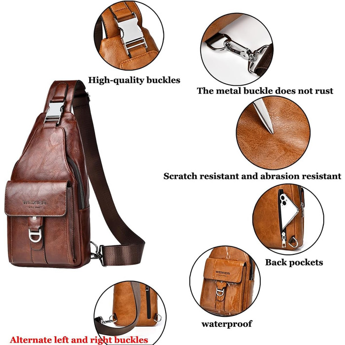 Чоловіча шкіряна сумка через плече, нагрудна, водонепроникна, для подорожей, велоспорту, кемпінгу (темно-коричнева)