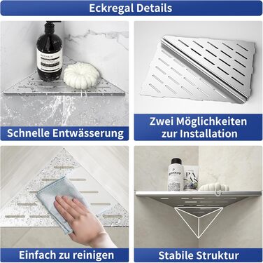 Bernkot Eck Duschregal, Edelstahl 304 Bathroom Shelf for Tiled Walls, Recessed Shelf for Bathroom Renovation (Brushed, 254mm - 2 Pack)
