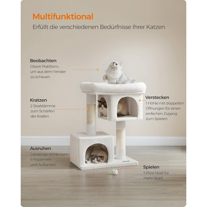 Feandrea Cat Tree, 84 cm Cat Tree, L, Cat House for Large Cats up to 7 kg, Large Platform, 2 Cat Caves, Sisal Posts, PCT61W (L (60 x 40 x 84 cm), Cream White)