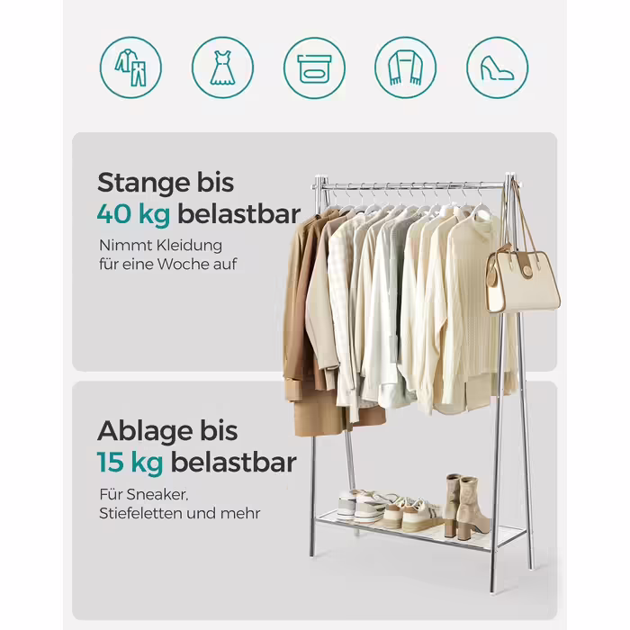 SONGMICS Clothes Rack, Coat Rack, Wardrobe, Clothes Storage, Steel Frame, with Rod and Shelf, 33.5 x 92.5 x 153 cm, for Bedroom, Hallway, Laundry Room, White HSR023W01 (Silver)