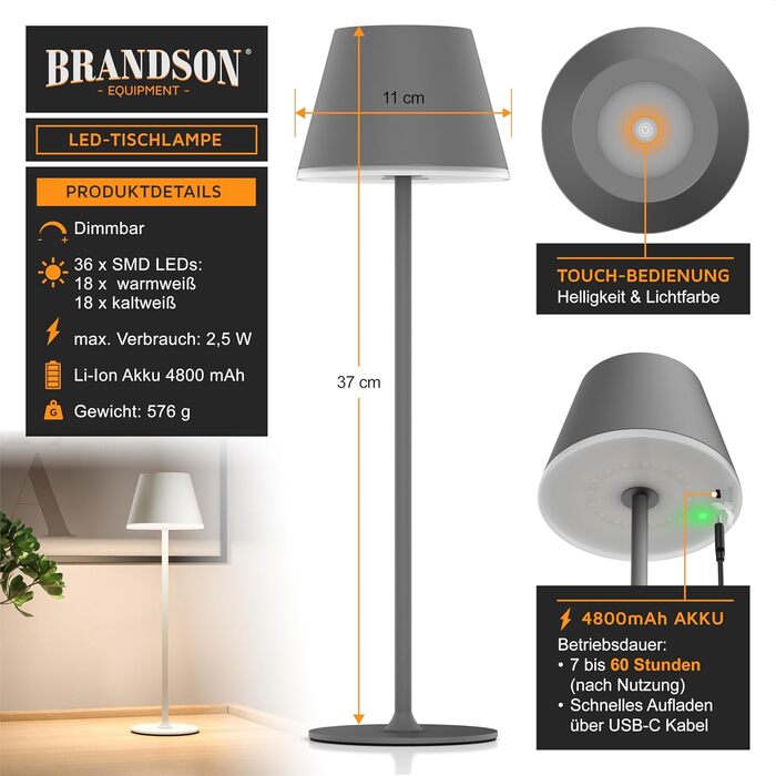 LED настільна лампа CSL з акумулятором - бездротова, сенсорна, димування, 3 кольори світла, метал, великий акумулятор, для дому та вулиці, колір антрацит