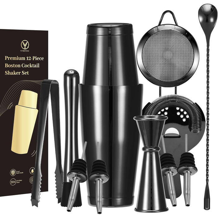 Набір шейкерів для коктейлів YXT&BEYOND Premium, 12 шт., нержавіюча сталь 304, чорний, для дому та барів, з подарунковою коробкою
