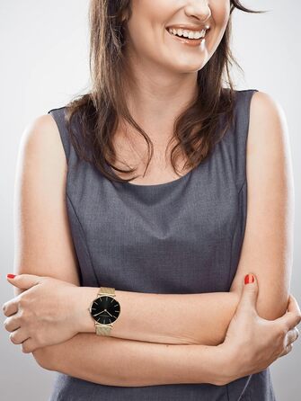 Жіночий годинник Hannah Martin: аналоговий кварц, водонепроникний, з нержавіючої сталі, ультратонкий, сітка-браслет (чорний корпус, золотий браслет)