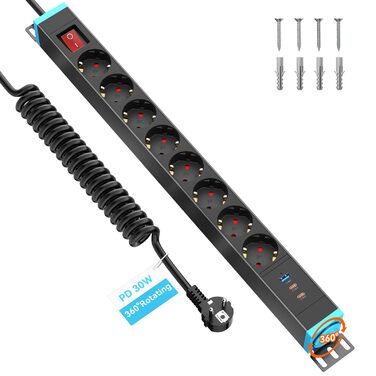 Мережевий фільтр із захистом від перенапруги, 10 розеток, поворотний на 360°, для стін, 1.8м, 16A/4000W, для офісу та дому, чорний