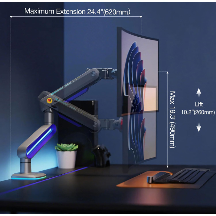 Кріплення для монітора 32-60 дюймів Ultrawide, для моніторів 34/49/57 дюймів, вантажопідйомність до 20 кг, кріплення C-Clamp та Grommet, VESA 75/100 мм (фіолетовий)