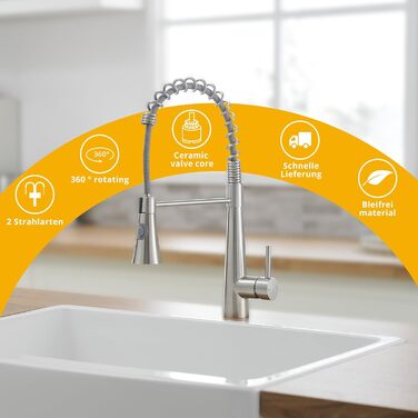 Кухонний змішувач TIMACO з поворотним гусаком 360° та висувною лійкою, з нержавіючої сталі, з покриттям з брашованого нікелю