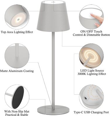 LED-лампа Klighten 2 шт. на акумуляторі, сірого кольору, диммування, бездротова, перезаряджувана, тепле світло 3000K, для дому та вулиці, USB-C, алюміній, IP54, вологостійка, сіра