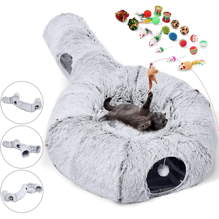 Odoland Cat Tunnel - Large Cats, Foldable Cat Tunnel with Play Ball Cat Bed, Multifunctional Crinkle Tunnel Cat Cave Interactive Toy for Indoor Kittens