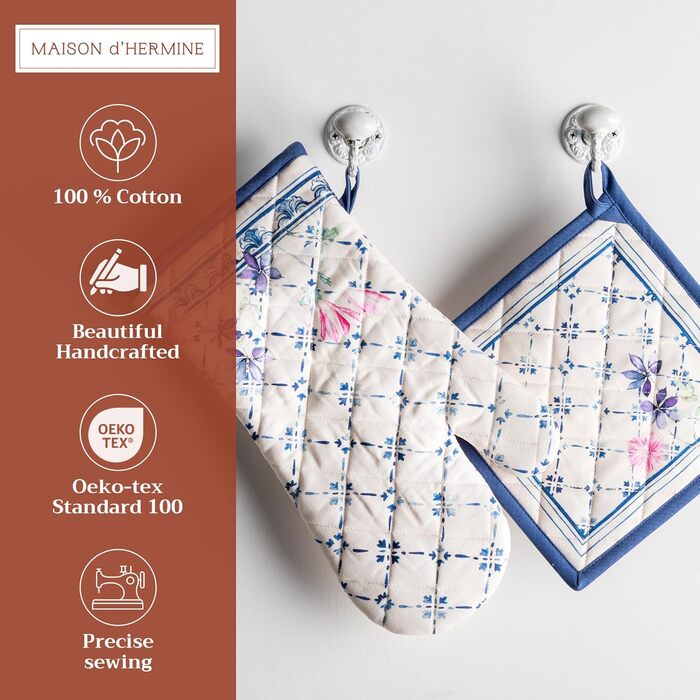 Maison d' Hermine Faience Oven Mitt + Pot Holders, 100% Cotton, Heat Resistant, Kitchen Oven Mitt (19.1 x 33 cm) and Pot Holders (20.3 x 20.3 cm) for Cooking, Grilling, Spring/Summer