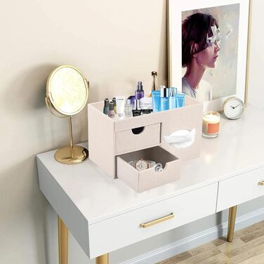 Tissue Box Linen with Drawers, Square Cosmetic Tissue Box with Magnetic Closure, Tissue Box with Side Pocket for Mobile Phones, Cosmetic Brushes, Remote Controls, Office Supplies, Perfumes (Beige)