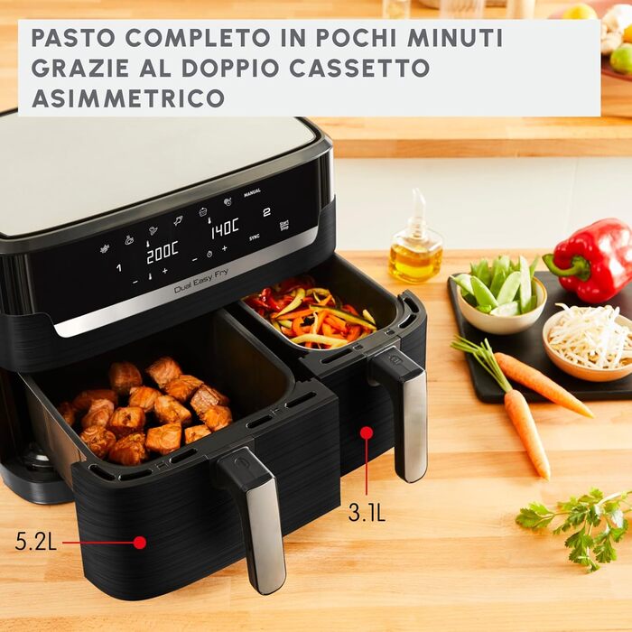 Аерофритюрниця Moulinex Dual Easy Fry 8,3 л, 7 програм, енергозбереження до 70%, подвійна чаша 5,2 л + 3,1 л, цифрове керування, книга рецептів, підходить для миття в посудомийній машині