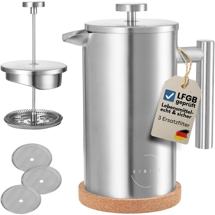 Френч-прес з нержавіючої сталі з підігрівом, 1 л | 3 фільтри, підставка, миється в посудомийці | Преміум якість