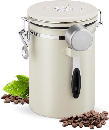 Пластиковий контейнер для кави 1 кг з дозатором, датою та мірною ложкою, 2.8 л, нержавіюча сталь, для кави, чаю, горіхів, какао (Бежевий)