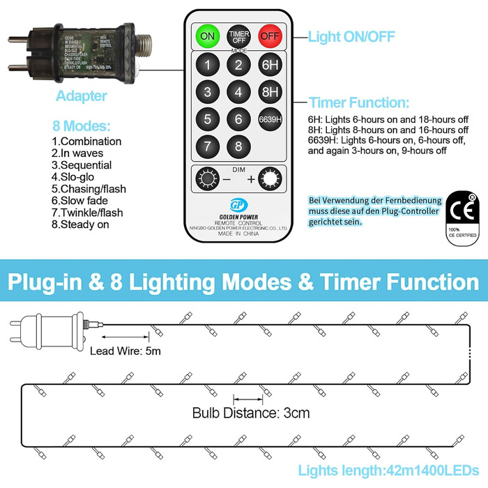 Льо́дкова гірлянда 1400 LED, біла, для дому та саду, вологостійка, 8 режимів, з пультом дистанційного керування та таймером