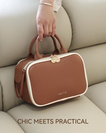 Косметичка-органайзер велика містка з водонепроникним покриттям та ручкою, з декількома відділеннями (колір: кавовий)