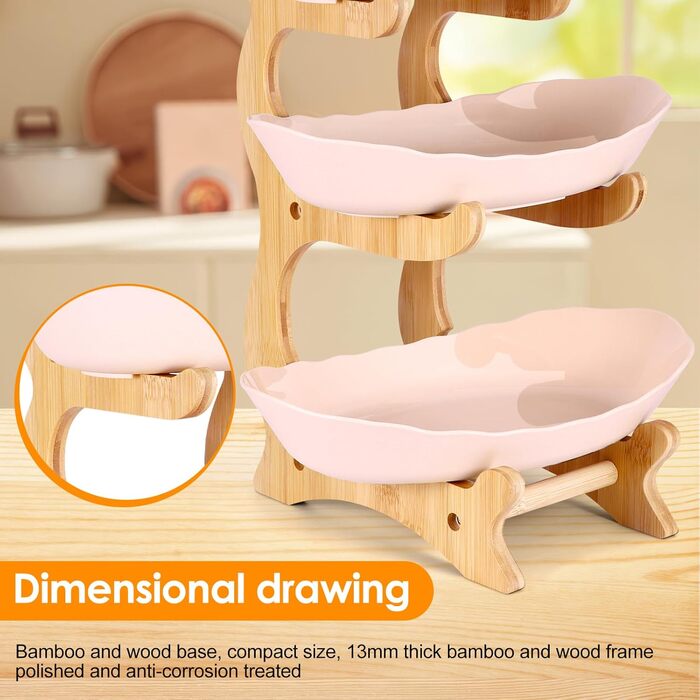 DEECOZY Трирівнева етажерка для фруктів та овочів з бамбуковим підставкою, пластикова фруктова миска, економія місця, для сім'ї, сучасний дизайн (Білий, Бежевий)