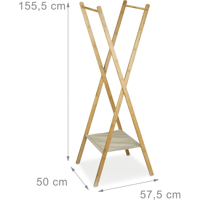 Relaxdays Bamboo Clothes Rack, HBT: 155.5 x 50 x 57.5 cm, Coat Rack with Practical Shoe Storage, Space-Saving, Foldable as a Clothes Dryer and Wardrobe with 2 Wooden Clothes Rails, Natural