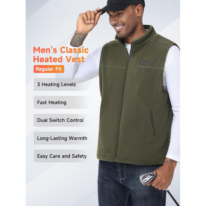 Обогріваючий жилет для чоловіків з акумулятором 10000mAh, 6 зон нагріву, USB, мікрофліс, регулювання температури, чорний (M)