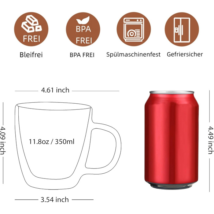 CNGLASS Double-Walled Macchiato Glasses 350ml/12oz, Insulated Coffee Cups Glass 2-Pack, Clear Coffee Glasses with Handles for Latte Macchiato Cappuccino