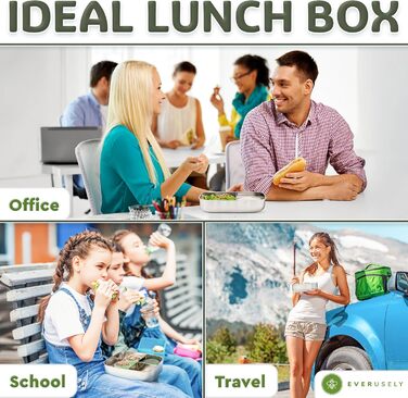 Everusely Bento Box: ланчбокс з нержавіючої сталі, 0,8 л, з контейнером для спецій та органайзером для перекусів (3 відділення)