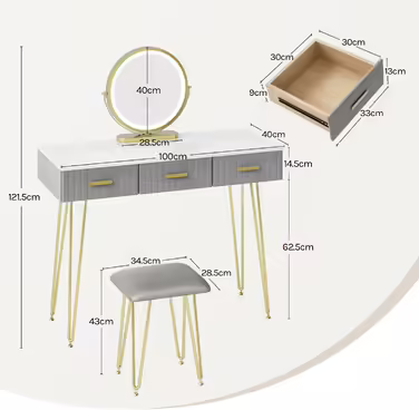 WOLTU Vanity Table with Mirror and Stool, Dressing Table with 3 Drawers Made of Solid Wood, Large High-Gloss Tabletop, Modern Cosmetic Table from Velvet and Metal, White, MB6080gr (Grey, 100x40cm with LED Lighting)