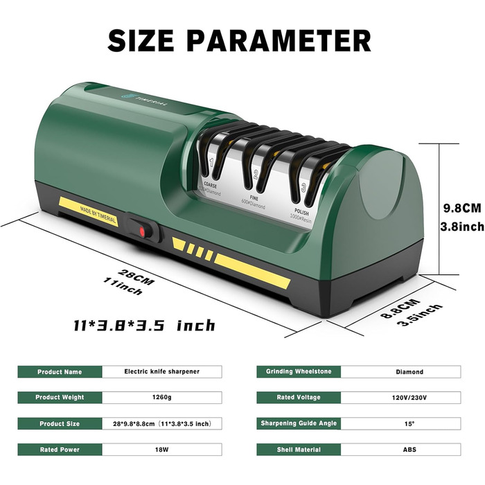 Електричний точило для ножів 3 ступені алмазних шліфрісків, 15° прецизійна кутова направляюча, для заточування та полірування сталевих та керамічних кухонних ножів, 120/600/1000 гріт