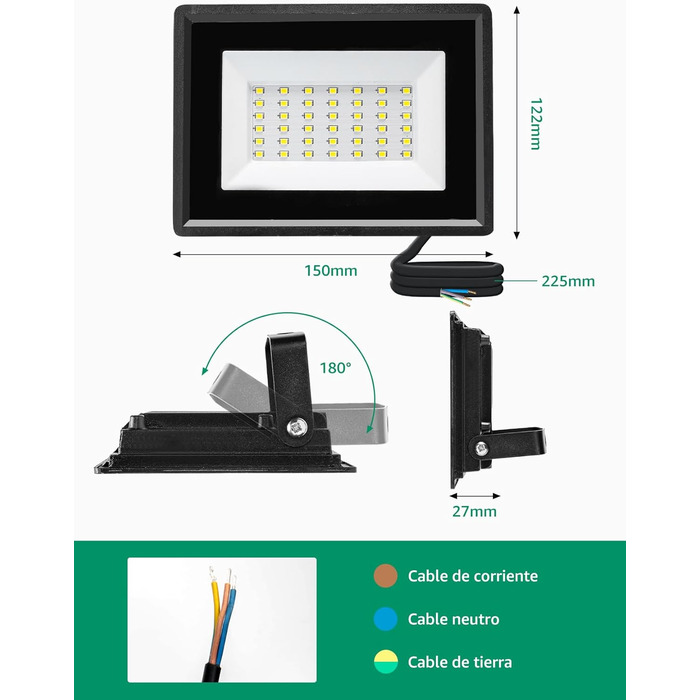 Aigostar LED Flood Light Outdoor Indoor 100W 8700LM Cool White 6500K LED Spotlight Projector IP65 Waterproof LED Outdoor Floodlight for Bright Garden Garage Sports Field Yard (30W, 2 pcs)