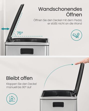 Відро для сміття SONGMICS 50 л, нержавіюча сталь, знімний внутрішній відро, Softclose, срібний колір