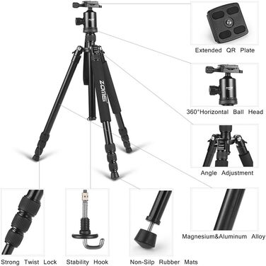 Штатив Zomei Z818 165 см, монопод з кульковою головкою 360° для Canon, Nikon, Sony DSLR камер, чорний