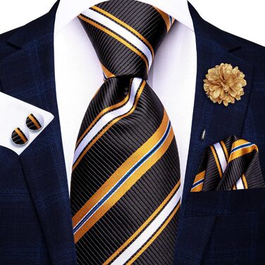 Чоловіча краватка Hi-Tie з краватковою галстуком та нагрудною хустинкою (смугаста темно-синя з золотом)