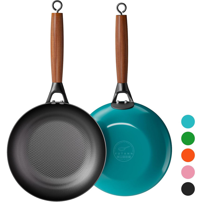 Набір сковорідок YUTANN з чавуну (20, 24, 28 см), з антипригарним покриттям, знімний дерев'яний ручка, для плити, індукції, духовки, без PFAS/PFOA, легко мити (блакитний, 24 см)