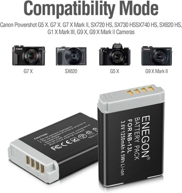 Акумулятор ENEGON NB-13L (2 шт.) + Зарядний пристрій для Canon PowerShot G5 X, G5X Mark II, SX720 HS, SX730 HS, SX740 HS