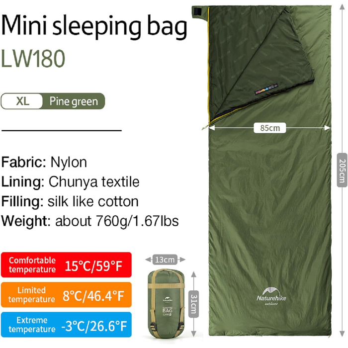 Спальний мішок Naturehike Ultraleicht: ультралегкий, 3-сезонний, 190x75/205x85 см, 680/760 г, для походів, кемпінгу, рюкзаків, 15°C, зелений XL