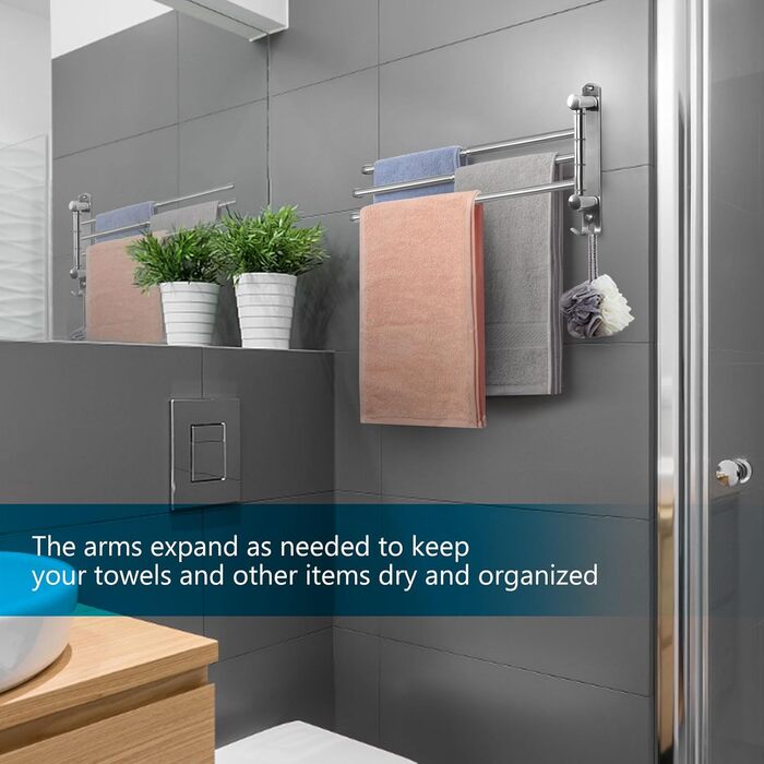 Тримач для рушників JSVER поворотний на 180°, з нержавіючої сталі 304, 3 висувні ручки до 50 см, для кухні, ванної кімнати, гардеробу, сріблястого кольору