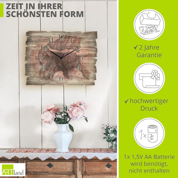 ARTLAND Wall Decor Wall Clock without Ticking Sound, Wood, 30x40 cm, Rectangular, Silent, Nature, Animals, Forest Landscape, Original, Nordic, T5YP (Bull, Quartz Clock)
