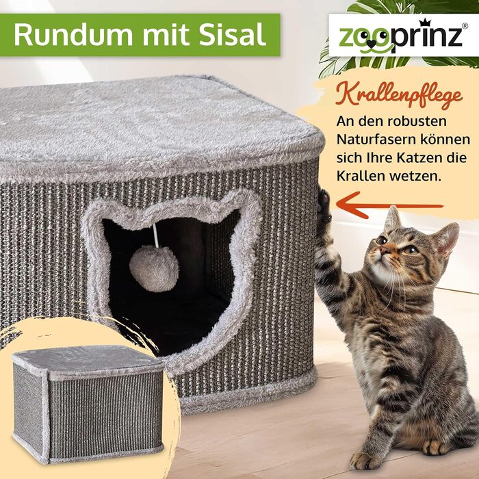 Преміум котячий будиночок Zooprinz – котячий кошик для кота – з товстими сизалевими стінами – печеринка з м'яким плюшем та іграшкою – котячий будиночок у скандинавському стилі (сірий)