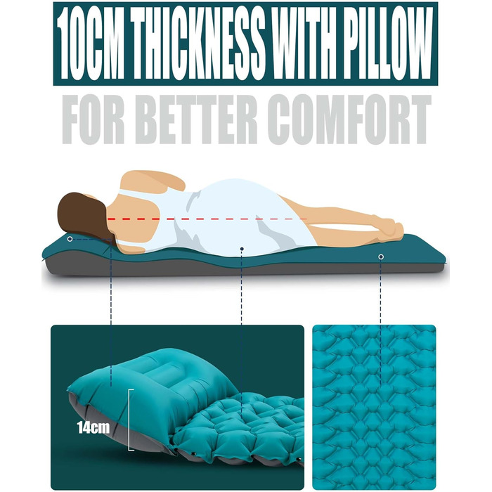 AKSOUL Self-Inflating Camping Air Mattress - Ultralight, Thick (10CM), Foldable Sleeping Pad with Pillow for Trekking, Tent & Outdoor Use