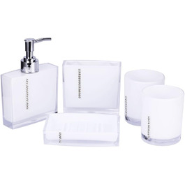5-Piece Bathroom Accessories Set includes emulsion bottle, toothbrush holder, 2 rinsing cups, soap dish, plastic gift bath set, white