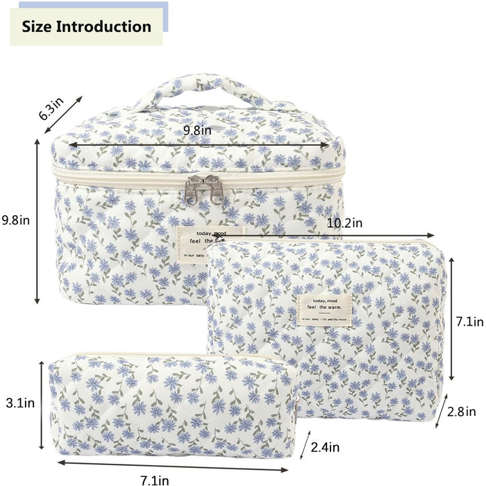 Косметичка для жінок, набір 3 шт. велика бавовняна косметичка для подорожей, органайзер для макіяжу, косметична сумочка з квітковим візерунком (блакитна павічева квітка)