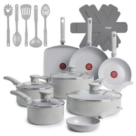 Набір посуду T-fal Refresh Ceramic 20 предметів, антипригарне покриття, жаростійкий до 100°C, сірий Moon Grey. Каструлі, сковороди, сотейник, керамічне покриття.